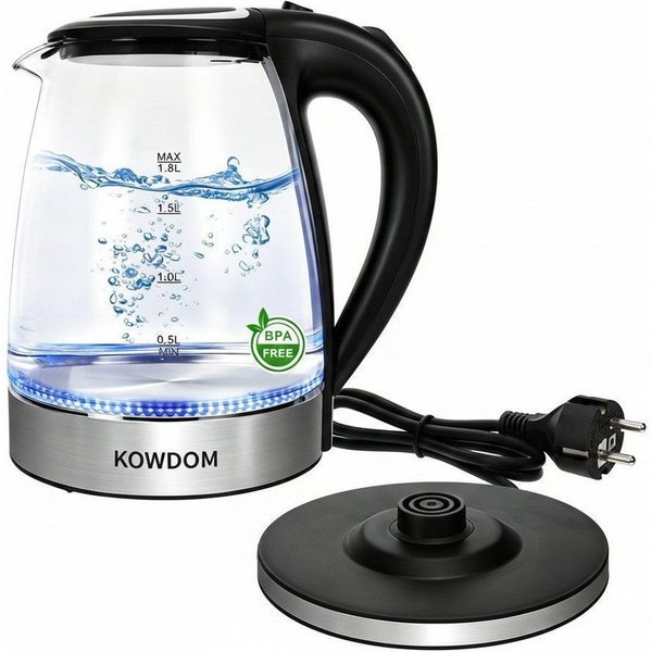 kowdom Wasserkocher Wasserkocher Glas 1,8L 2200W BPA-frei LED automatische Abschaltung, 2200 W, Borosilikatglas, BPA-frei, automatische Abschaltung, 2200W