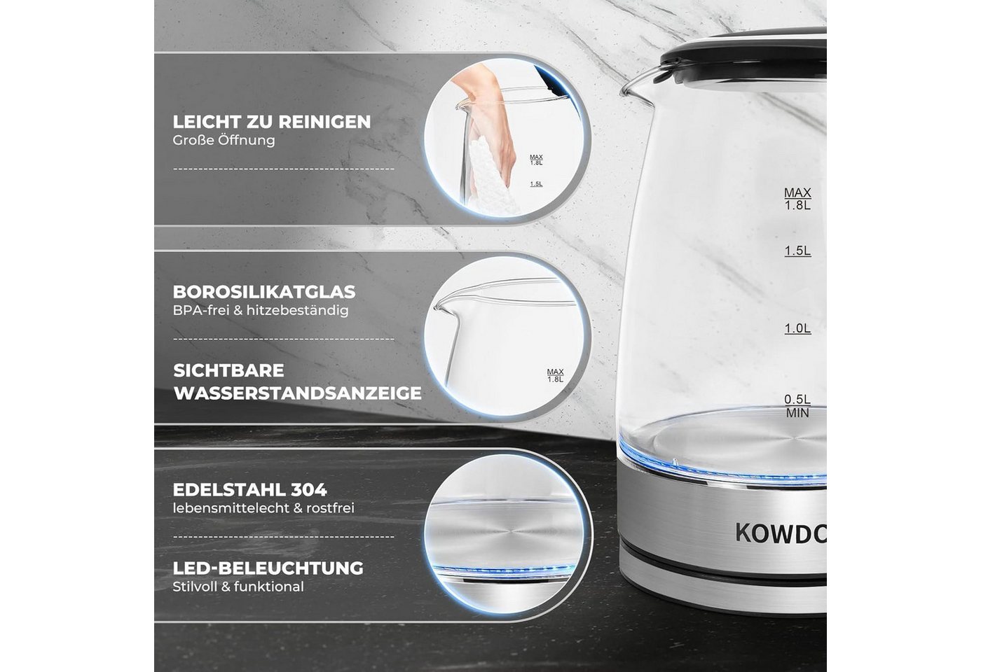 kowdom Wasserkocher Wasserkocher Glas 1,8L 2200W BPA-frei LED automatische Abschaltung, 2200 W, Borosilikatglas, BPA-frei, automatische Abschaltung, 2200W – Bild 2 von 5