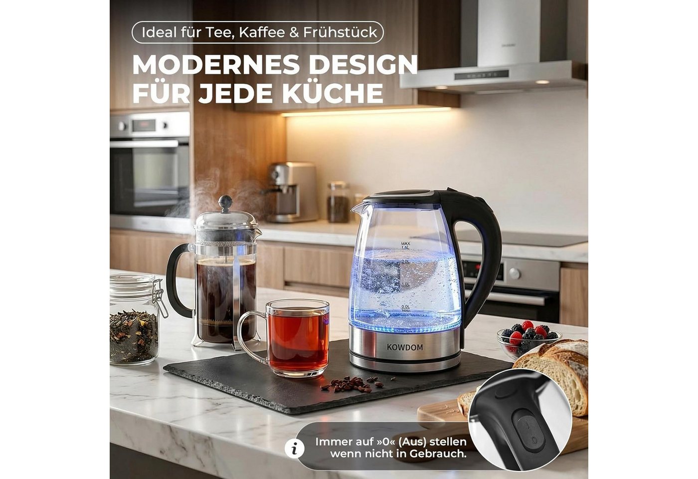 kowdom Wasserkocher Wasserkocher Glas 1,8L 2200W BPA-frei LED automatische Abschaltung, 2200 W, Borosilikatglas, BPA-frei, automatische Abschaltung, 2200W – Bild 3 von 5