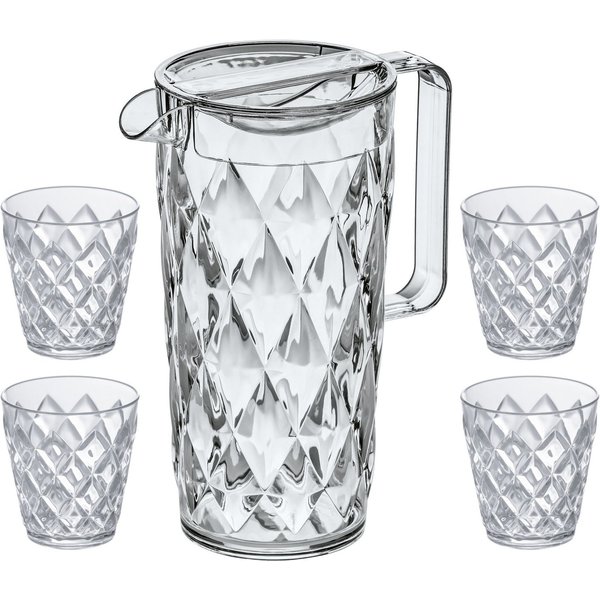 KOZIOL Kanne CRYSTAL, 1,6 l, (Set, 5-St), spülmaschinenegeeignet, 100% recycelbar, 1 Kanne 1,6L+ 4 Becher 250ml