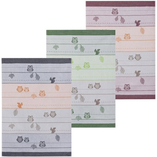 Kracht Geschirrtuch Eulen, (Set, 3-tlg., Set), 3er Pack Geschirrtücher (3 Stück), ca. 50 x 70 cm, Baumwolle Jacquard
