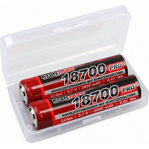 kraftmax 2x 18650 Pro Akku mit PCB Schutzschaltung (3,7V / 9,62 Wh) Akku Kraftmax 18650 Pro Akku 3,7 V / 9,62 Wh 2600 mAh (3,7 V V, 1 St), Universell einsetzbar