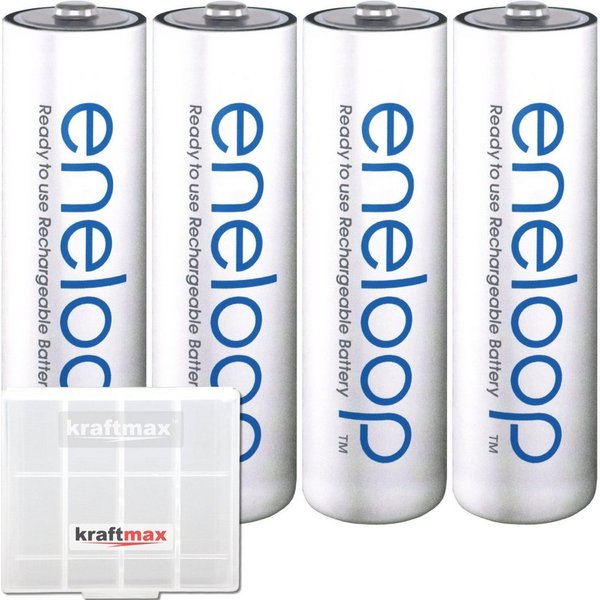 kraftmax 4er Pack Panasonic Eneloop AA Akkus Hochleistungs Batterien in Box Akku Mignon 2000 mAh (1,2 V V, 1 St), 2100 Ladezyklen