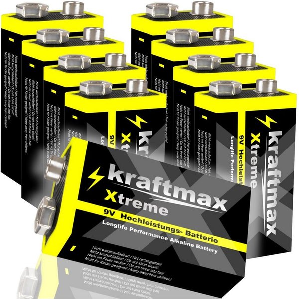 kraftmax 8er Pack Xtreme 9V Block Longlife Batterien 6LR61 9 Volt Batterie, 6LR61 / E-Block / MN1604 (9 V V)