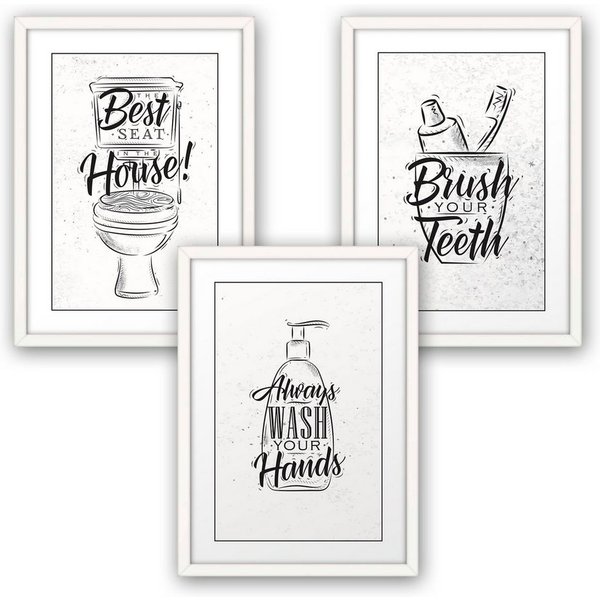 Kreative Feder Poster, WC, Bad, Badezimmer, Toilette, Waschbecken, Seife, Zahnbürste (Set, 3 St), 3-teiliges Poster-Set, Wandbild, optional mit Rahmen, DIN A4 o