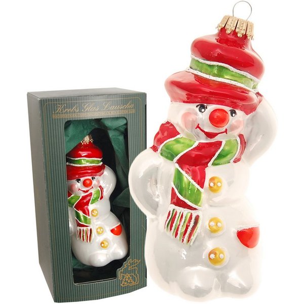 Krebs Glas Lauscha Christbaumschmuck Glasanhänger - Schneemann mit Hut - im Porzellan-Look - ca. 16cm, Dekoration für den Weihnachtsbaum - für frostige Festtags