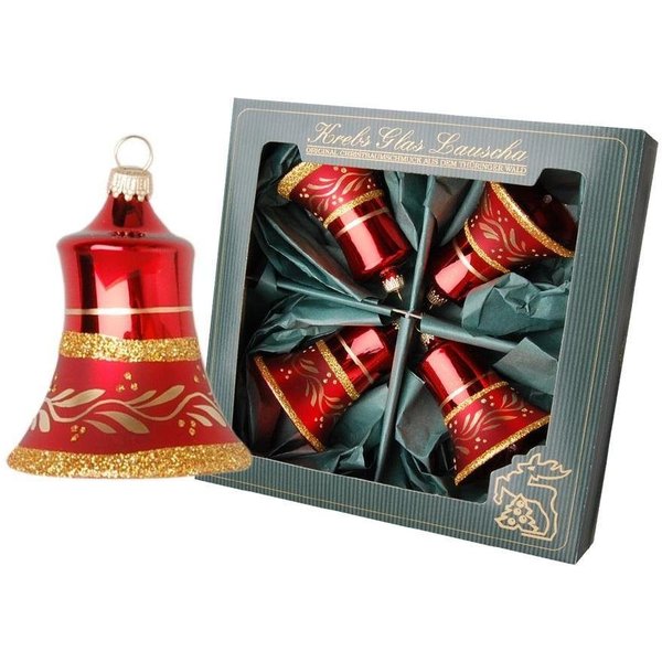 Krebs Glas Lauscha Christbaumschmuck Glocken, Weihnachtsdeko rot, Christbaumschmuck (4-tlg), goldfarben dekoriert, mundgeblasen