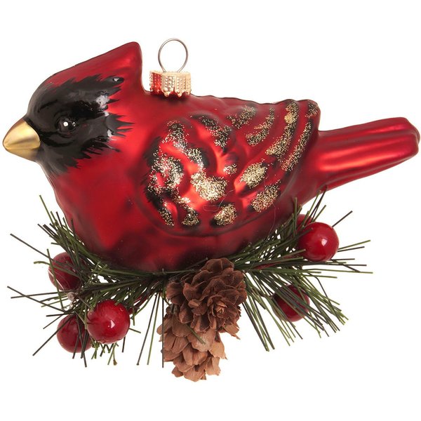 Krebs Glas Lauscha Weihnachtsbaumkugel Baumschmuck Kardinal Vogel auf Zweig rot 9cm, Dekoriert mit Liebe zum Detail