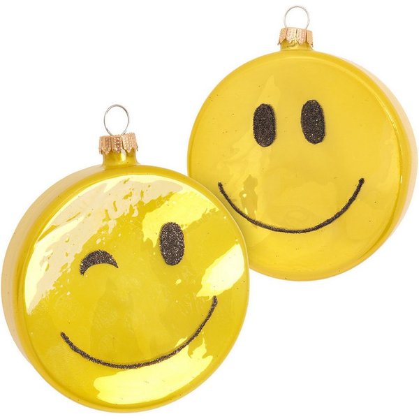 Krebs Glas Lauscha Weihnachtsbaumkugel Baumschmuck Taler lachendes Doppel-Gesicht gelb 8cm, Dekoriert mit Liebe zum Detail