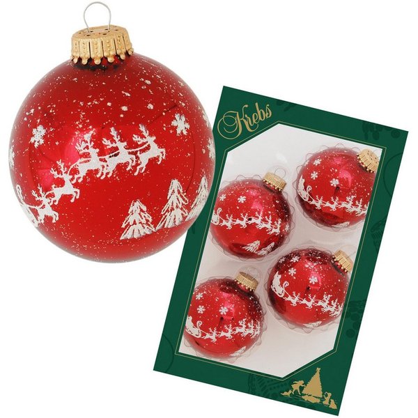 Krebs Glas Lauscha Weihnachtsbaumkugel Glaskugel 4er Set - Rot mit Sternen und Rentieren - ca. 7 cm, Harmonische Weihnachtsdekoration - ideal auch als Geschenki