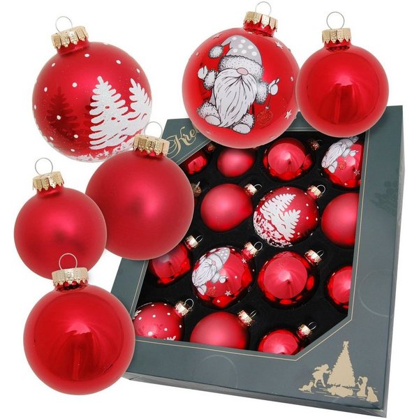 Krebs Glas Lauscha Weihnachtsbaumkugel Glaskugelsortiment, Wichtel im Winterwald, Ø ca. 5 cm / 6 cm / 6,7 cm (16 St), Weihnachtsdeko, Christbaumschmuck, Christb