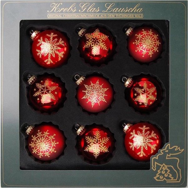 Krebs Glas Lauscha Weihnachtsbaumkugel Schneeflocke, Weihnachtsdeko rot, Christbaumschmuck (9 St), hochwertige Christbaumkugeln aus Glas, mundgeblasen, rot