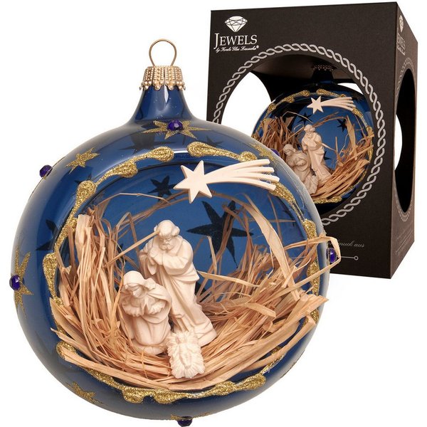 Krebs Glas Lauscha Weihnachtsbaumkugel Weihnachtskugel Krippenszene blau 10cm, Dekoriert mit Liebe zum Detail