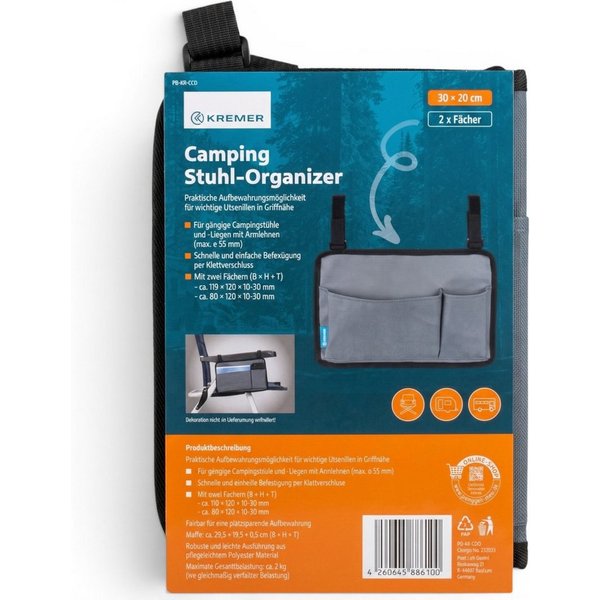 Kremer Hängeregal Camping Stuhl-Organizer 30 x 20 cm Armlehnen Hängetasche Utensilien