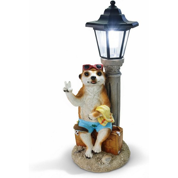 Kremers Schatzkiste Gartenfigur Erdmännchen Urlauber mit Solarlaterne Figur Gartenfigur 51 cm Garten