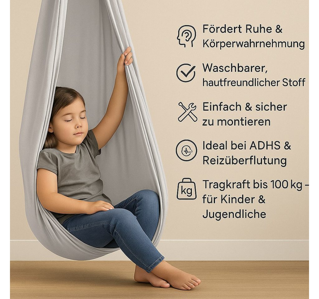 Kronenberg Tuchschaukel Ganzkörpersocke (Sensorische Therapieschaukel aus elastischem Nylon), Hängeschaukel, höhenverstellbar, 360° drehbar, für drinnen & drauß – Bild 2 von 5