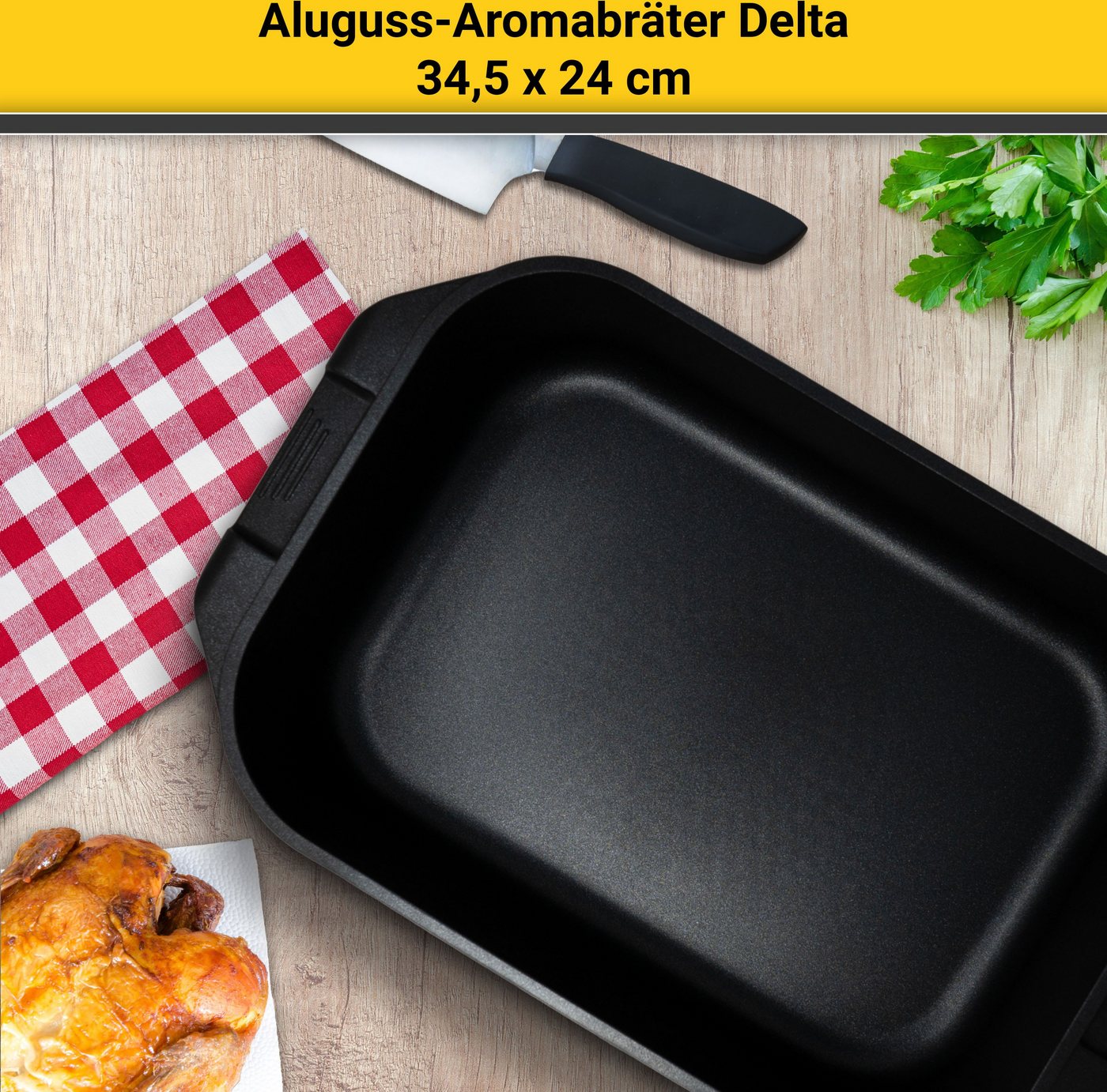Krüger Bräter Aluguss Aromabräter mit Glasdeckel und Aromaknopf DELTA, 34,5x24x9 cm, Aluminiumguss (1-tlg), für Induktions-Kochfelder geeignet – Bild 2 von 5