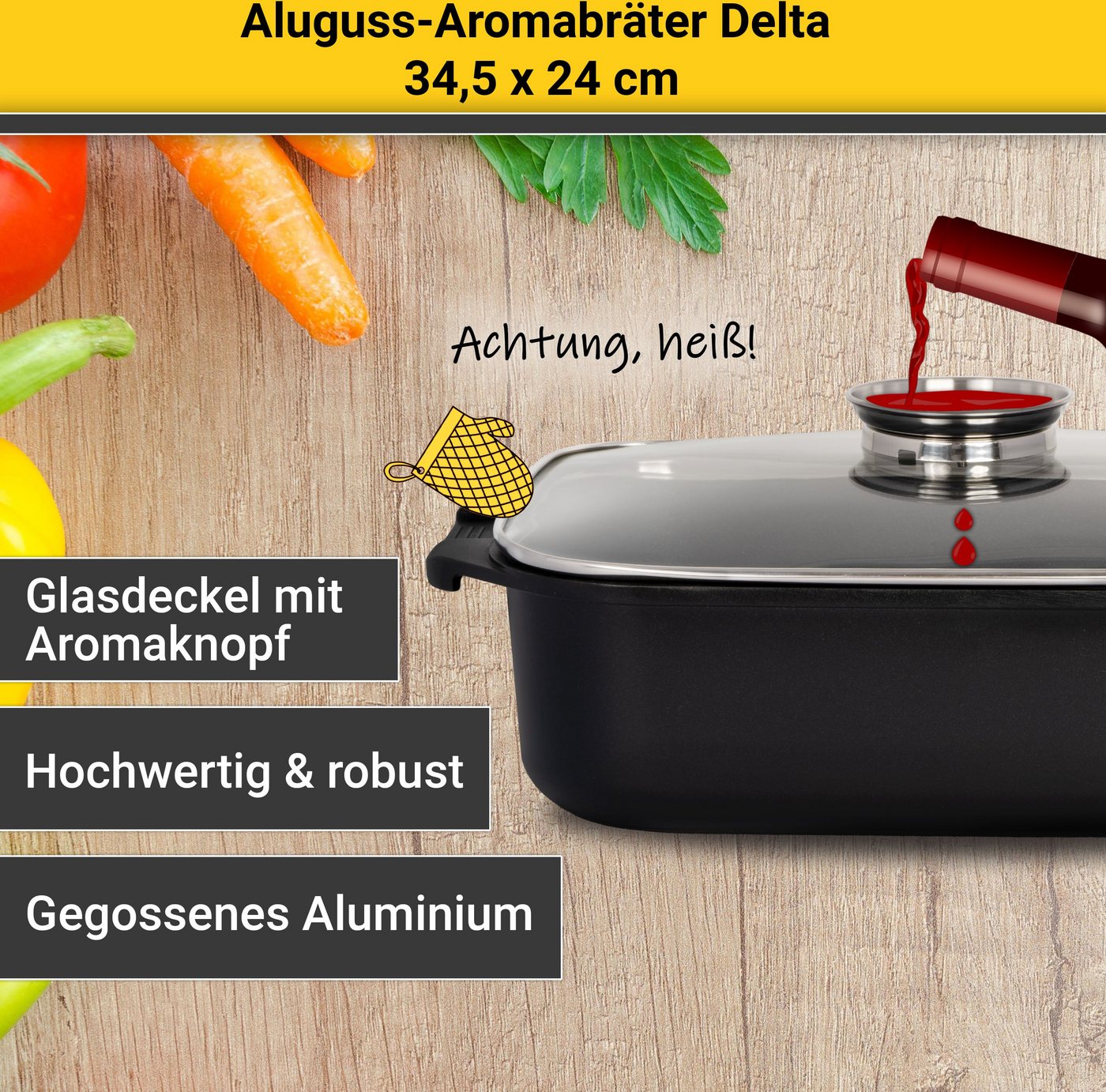 Krüger Bräter Aluguss Aromabräter mit Glasdeckel und Aromaknopf DELTA, 34,5x24x9 cm, Aluminiumguss (1-tlg), für Induktions-Kochfelder geeignet – Bild 3 von 5