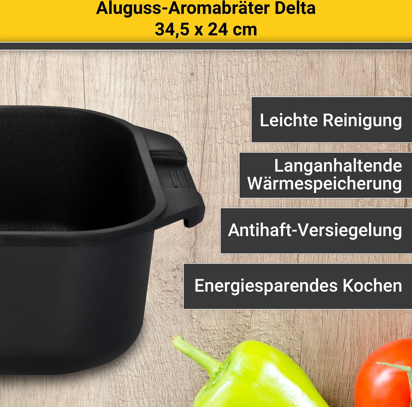 Krüger Bräter Aluguss Aromabräter mit Glasdeckel und Aromaknopf DELTA, 34,5x24x9 cm, Aluminiumguss (1-tlg), für Induktions-Kochfelder geeignet – Bild 4 von 5