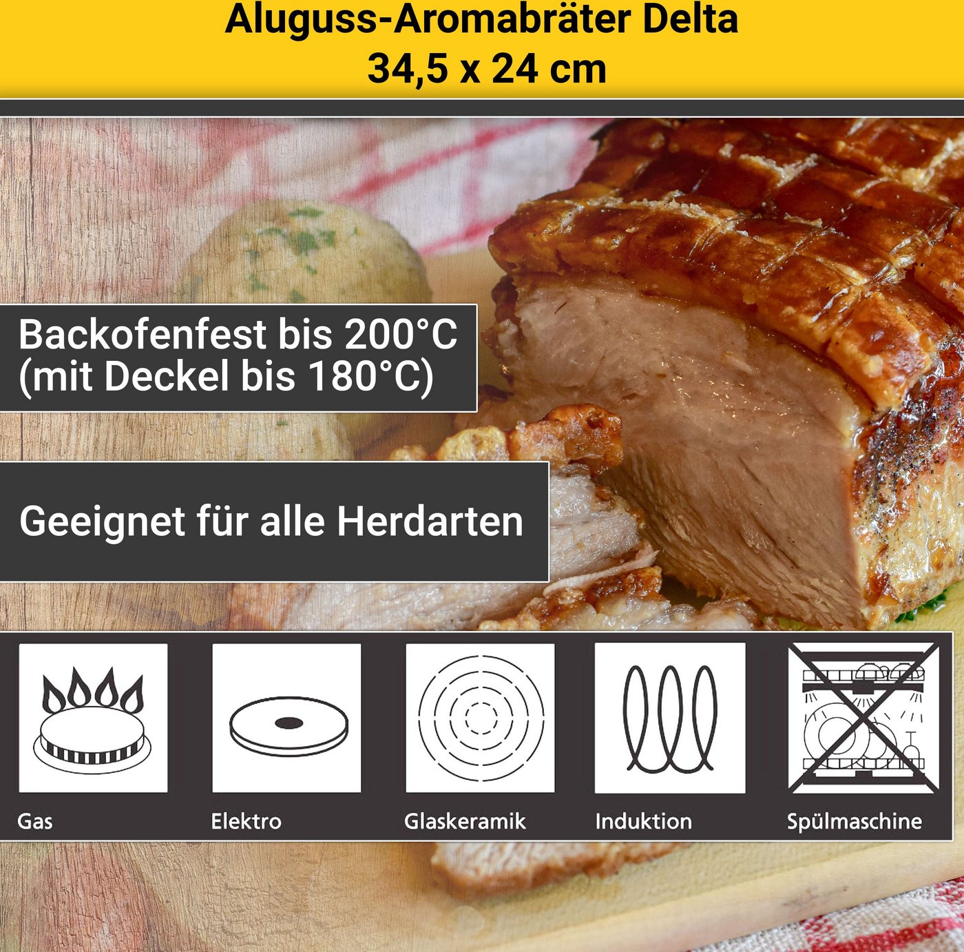 Krüger Bräter Aluguss Aromabräter mit Glasdeckel und Aromaknopf DELTA, 34,5x24x9 cm, Aluminiumguss (1-tlg), für Induktions-Kochfelder geeignet – Bild 5 von 5