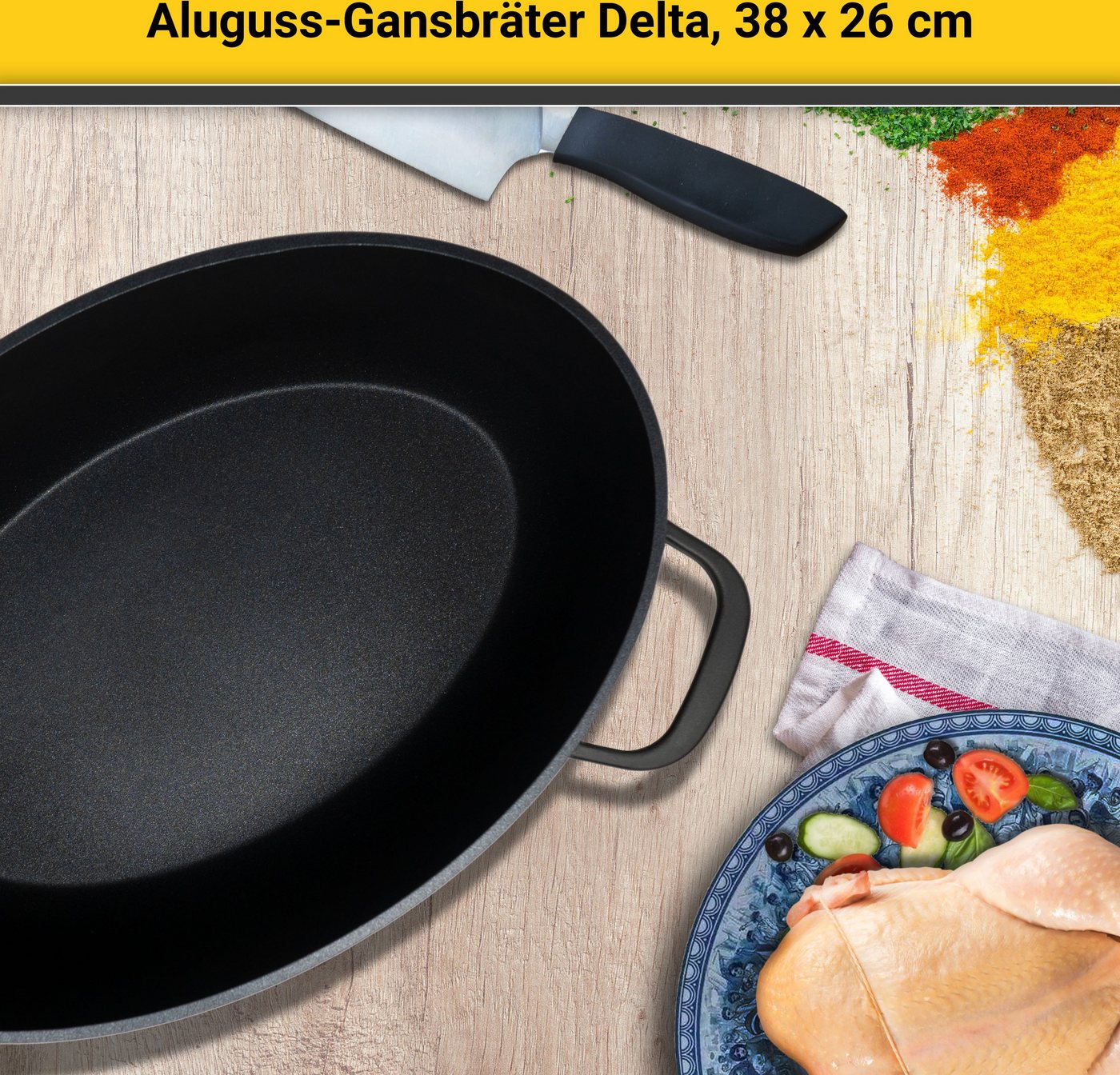 Krüger Bräter Aluguss Gansbräter mit Glasdeckel und Aromaknopf DELTA, 38x26x13 cm, Aluminiumguss (1-tlg), für Induktions-Kochfelder geeignet – Bild 2 von 5