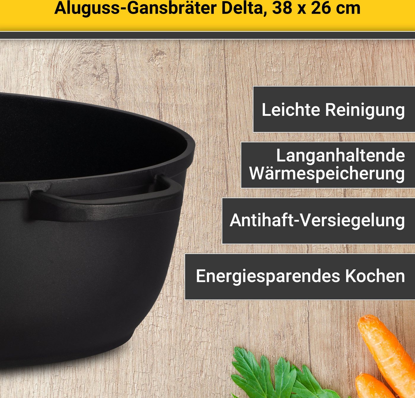 Krüger Bräter Aluguss Gansbräter mit Glasdeckel und Aromaknopf DELTA, 38x26x13 cm, Aluminiumguss (1-tlg), für Induktions-Kochfelder geeignet – Bild 3 von 5