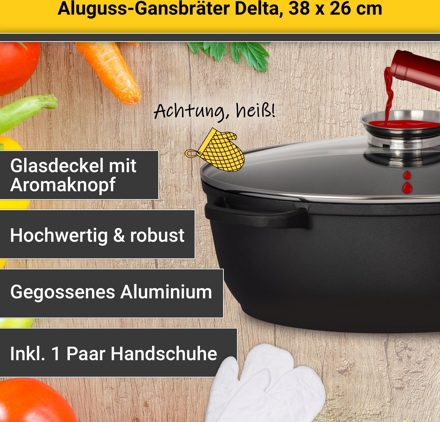 Krüger Bräter Aluguss Gansbräter mit Glasdeckel und Aromaknopf DELTA, 38x26x13 cm, Aluminiumguss (1-tlg), für Induktions-Kochfelder geeignet – Bild 4 von 5