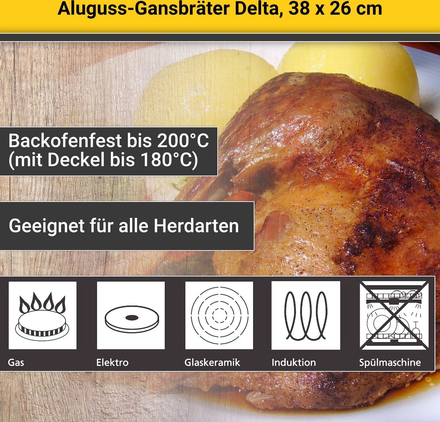 Krüger Bräter Aluguss Gansbräter mit Glasdeckel und Aromaknopf DELTA, 38x26x13 cm, Aluminiumguss (1-tlg), für Induktions-Kochfelder geeignet – Bild 5 von 5