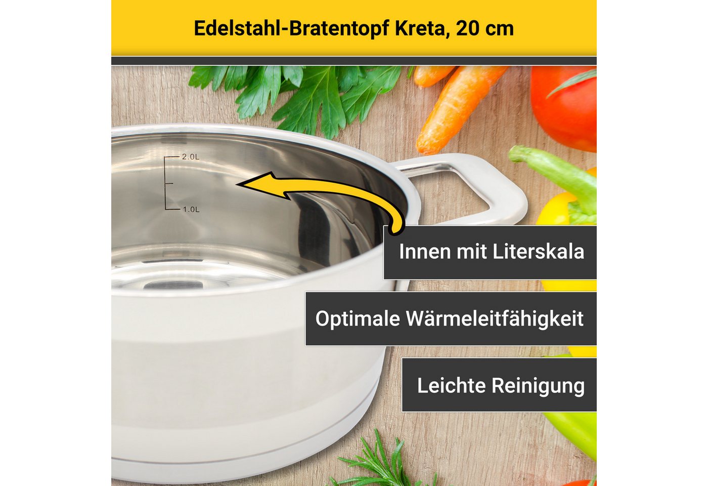 Krüger Bratentopf Kreta, Edelstahl 18/10 (2-tlg), mit Edelstahldeckel, für Induktions-Kochfelder geeignet – Bild 2 von 5