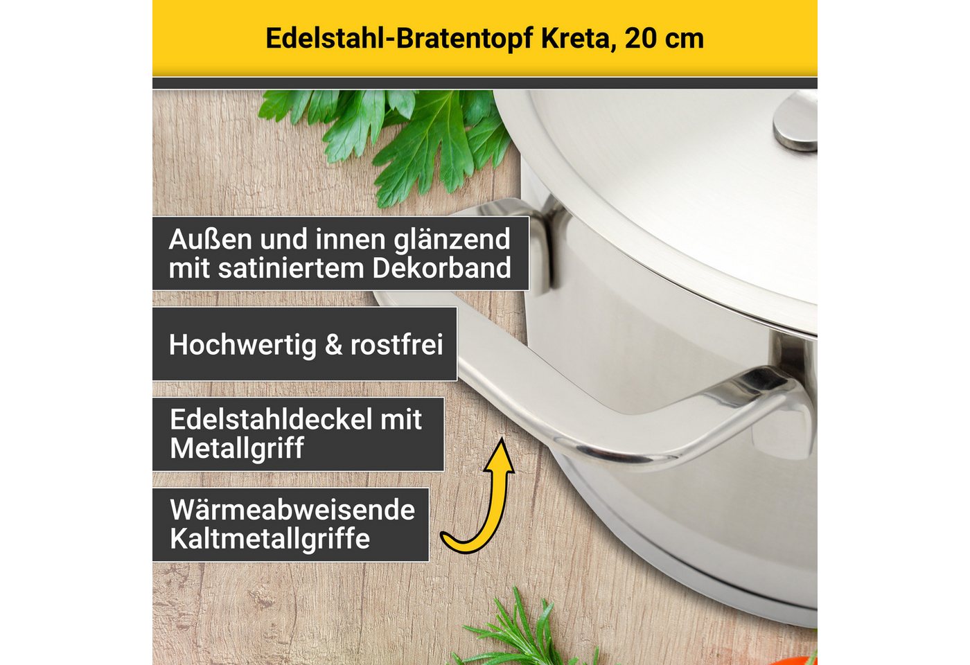 Krüger Bratentopf Kreta, Edelstahl 18/10 (2-tlg), mit Edelstahldeckel, für Induktions-Kochfelder geeignet – Bild 3 von 5