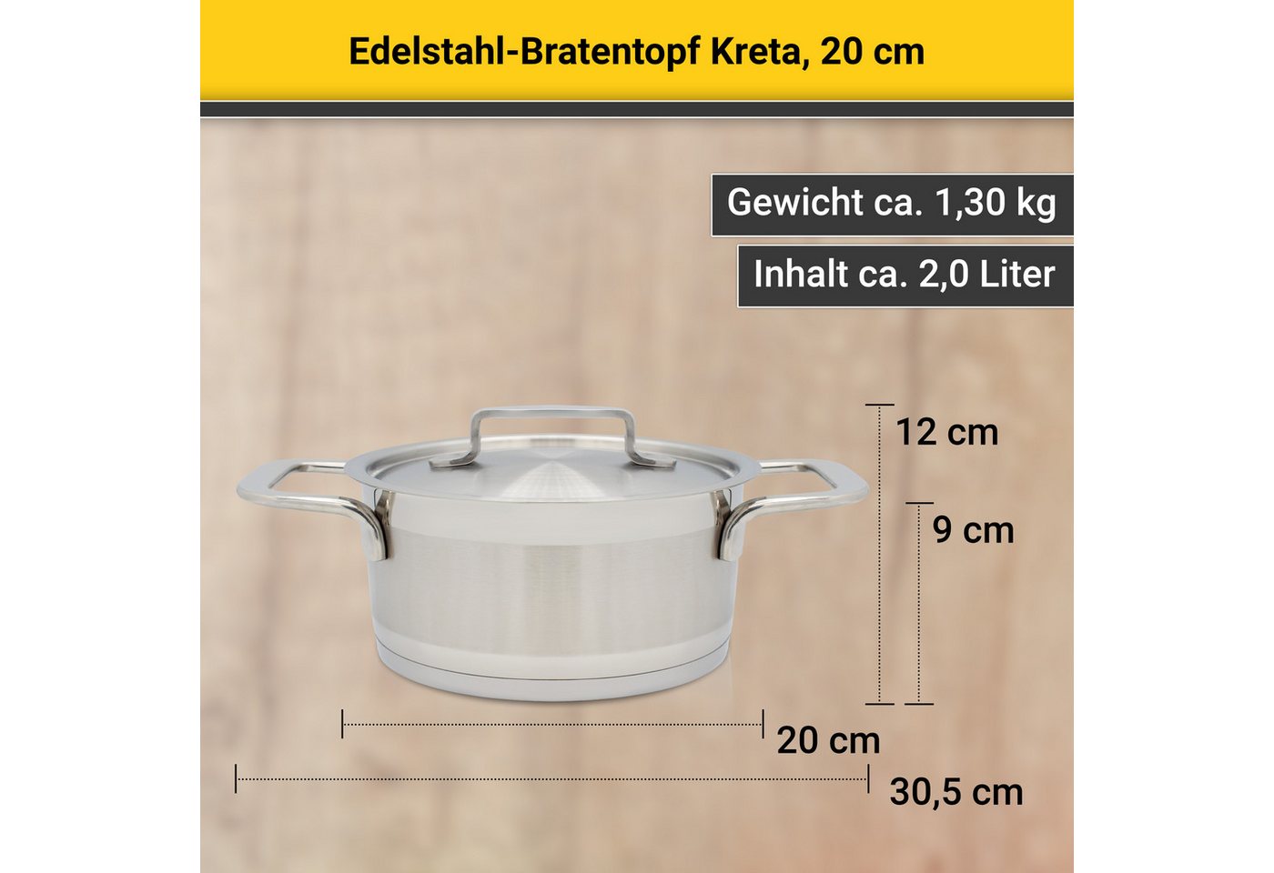 Krüger Bratentopf Kreta, Edelstahl 18/10 (2-tlg), mit Edelstahldeckel, für Induktions-Kochfelder geeignet – Bild 5 von 5