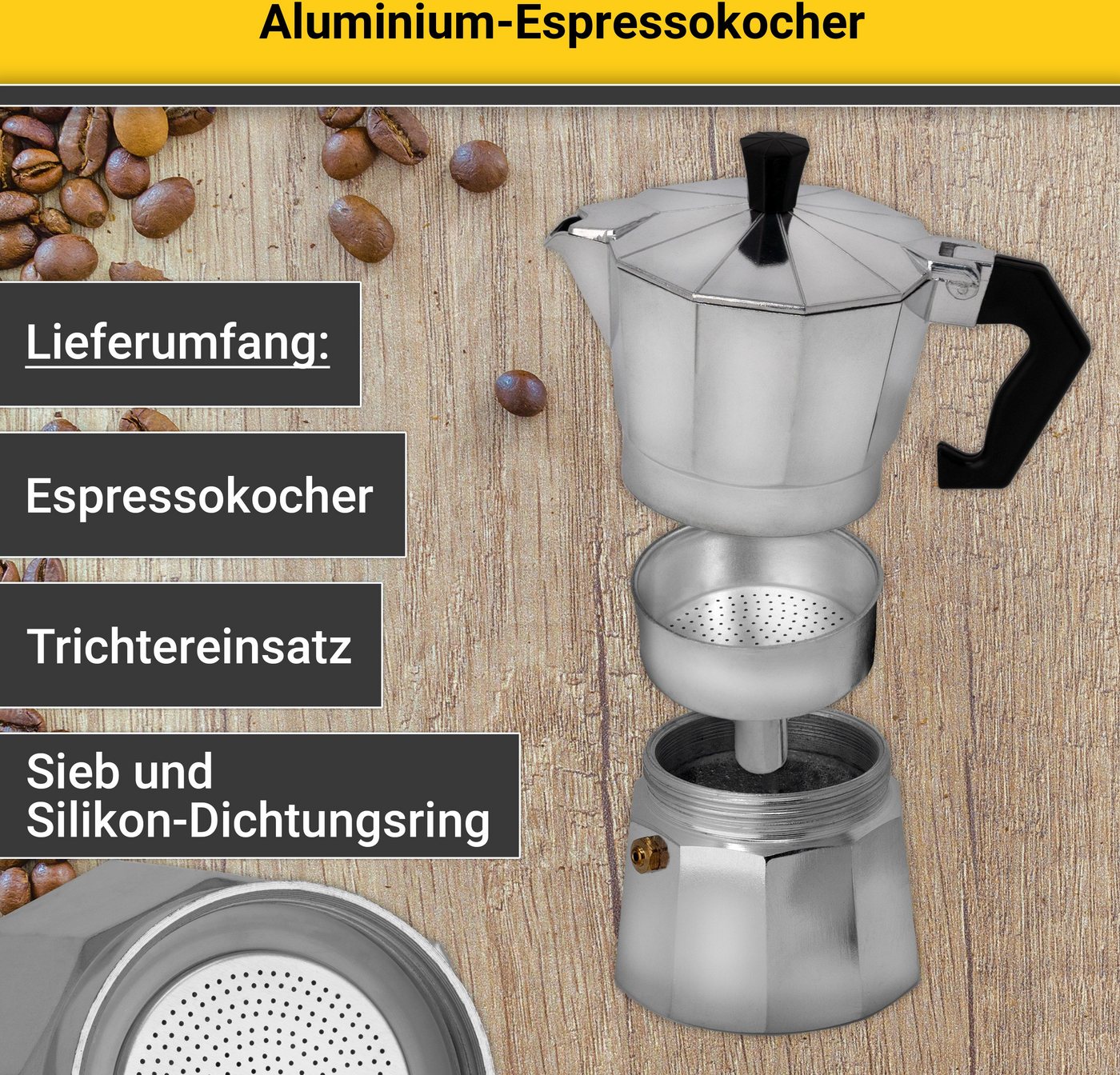 Krüger Espressokocher, 0,1l Kaffeekanne, traditionell italienisch, aus Aluminium, mit Silikon-Dichtungsring – Bild 2 von 5