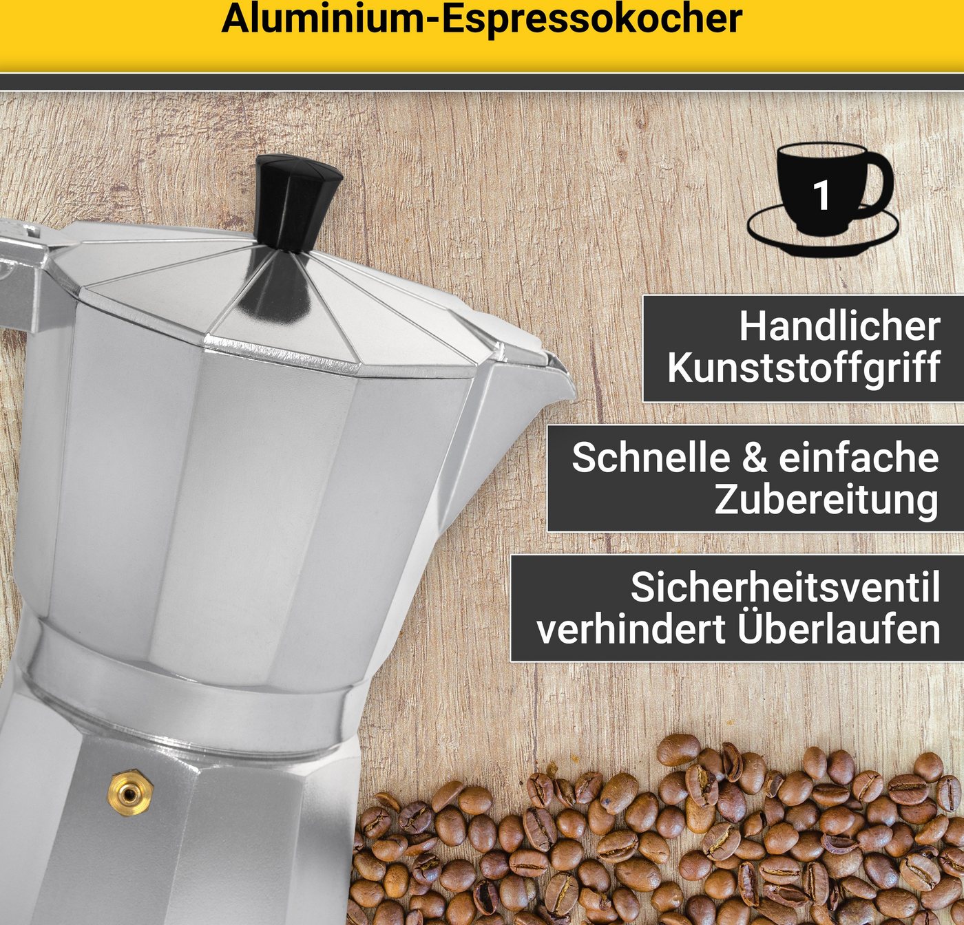 Krüger Espressokocher, 0,1l Kaffeekanne, traditionell italienisch, aus Aluminium, mit Silikon-Dichtungsring – Bild 3 von 5