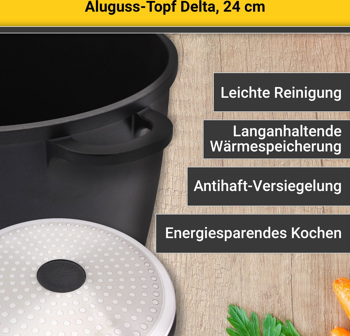 Krüger Fleischtopf Aluguss Fleischtopf mit Glasdeckel DELTA, Aluminiumguss (1-tlg), für Induktions-Kochfelder geeignet – Bild 3 von 5