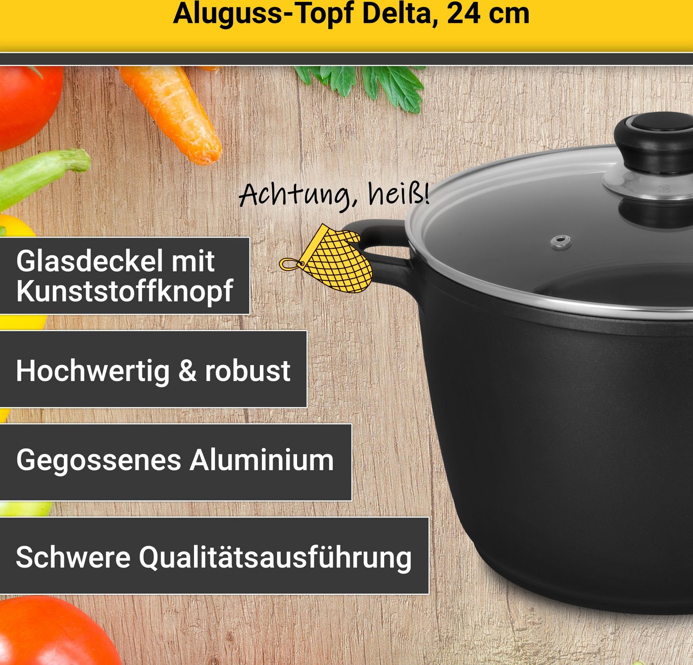 Krüger Fleischtopf Aluguss Fleischtopf mit Glasdeckel DELTA, Aluminiumguss (1-tlg), für Induktions-Kochfelder geeignet – Bild 4 von 5