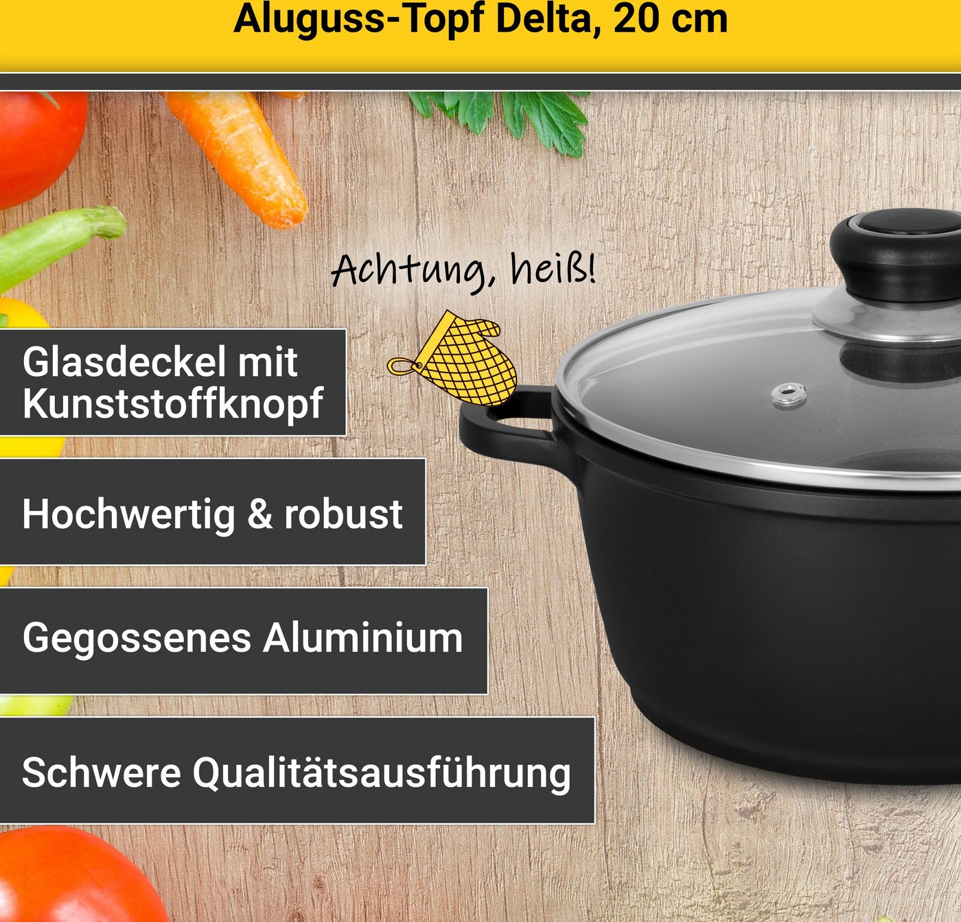 Krüger Fleischtopf Aluguss Fleischtopf mit Glasdeckel DELTA, Aluminiumguss (1-tlg), für Induktions-Kochfelder geeignet – Bild 5 von 5