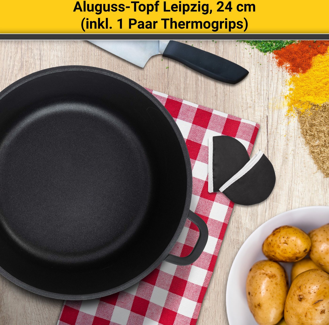 Krüger Fleischtopf Aluguss Fleischtopf mit Glasdeckel inkl. Thermogrips LEIPZIG, Aluminiumguss (1-tlg), hochwertige Antihaft-Versiegelung – Bild 3 von 5