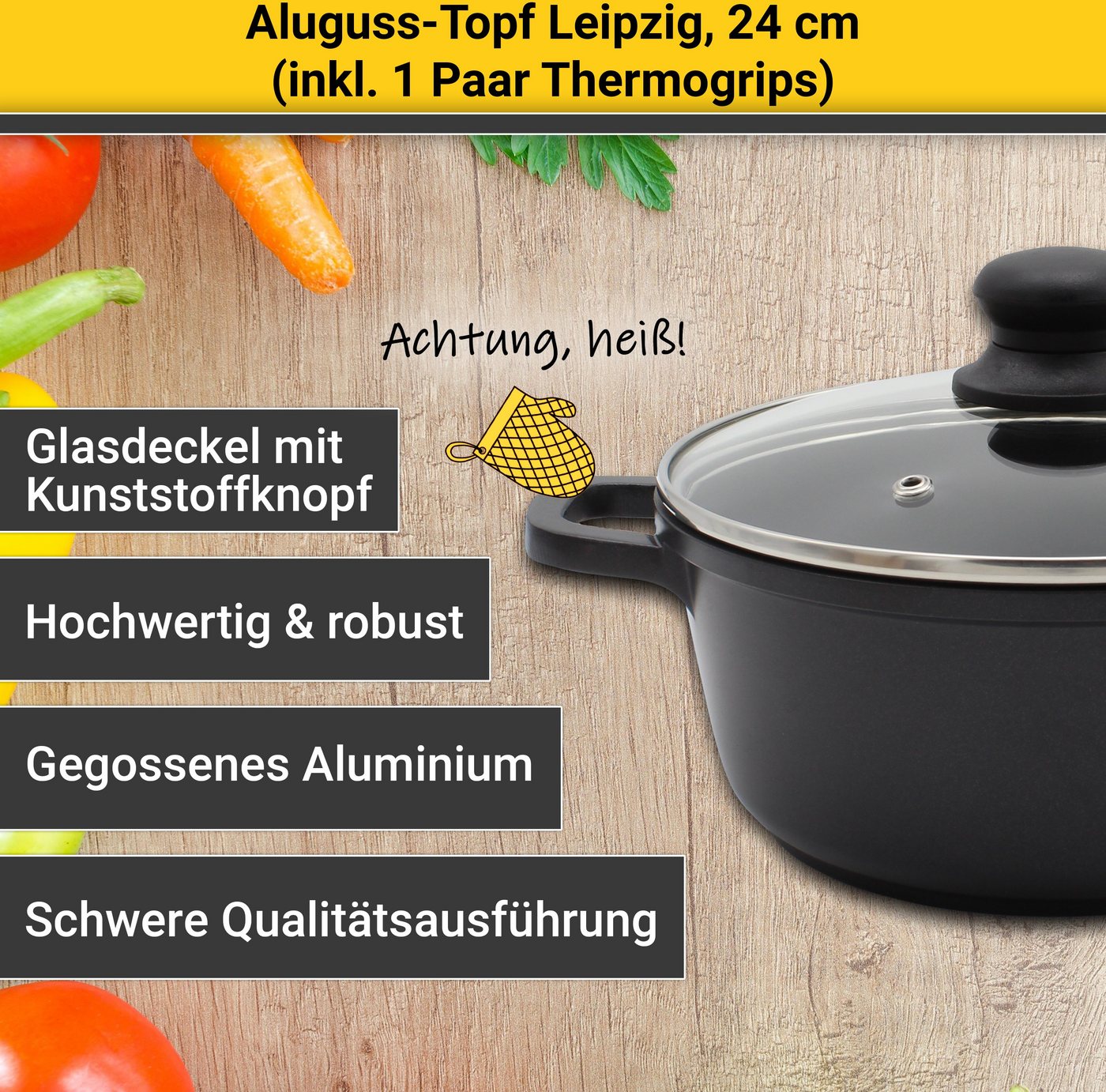 Krüger Fleischtopf Aluguss Fleischtopf mit Glasdeckel inkl. Thermogrips LEIPZIG, Aluminiumguss (1-tlg), hochwertige Antihaft-Versiegelung – Bild 4 von 5