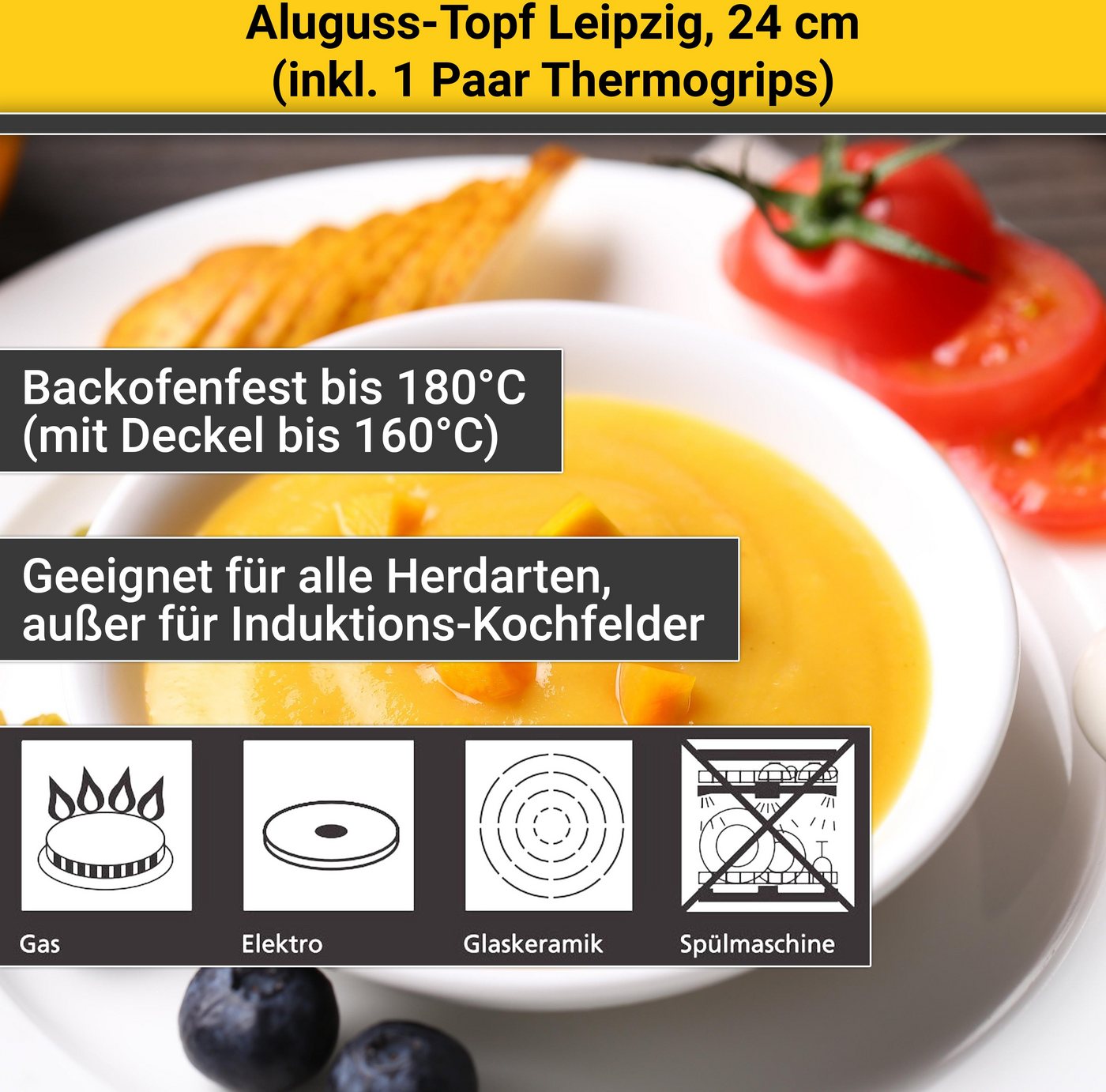 Krüger Fleischtopf Aluguss Fleischtopf mit Glasdeckel inkl. Thermogrips LEIPZIG, Aluminiumguss (1-tlg), hochwertige Antihaft-Versiegelung – Bild 5 von 5