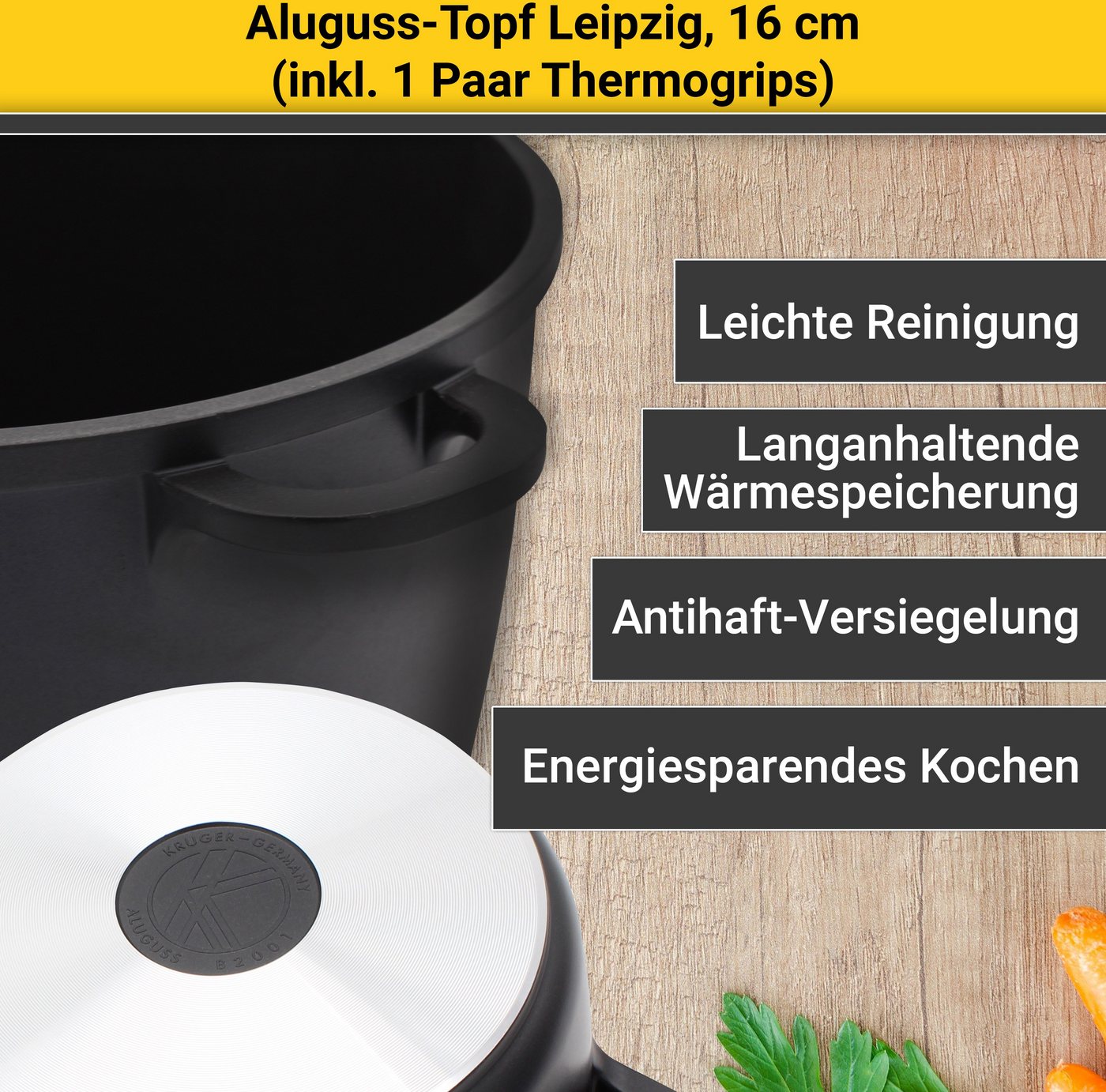 Krüger Fleischtopf Aluguss Fleischtopf mit Glasdeckel inkl. Thermogrips LEIPZIG, Aluminiumguss (1-tlg), hochwertige Antihaft-Versiegelung – Bild 2 von 5