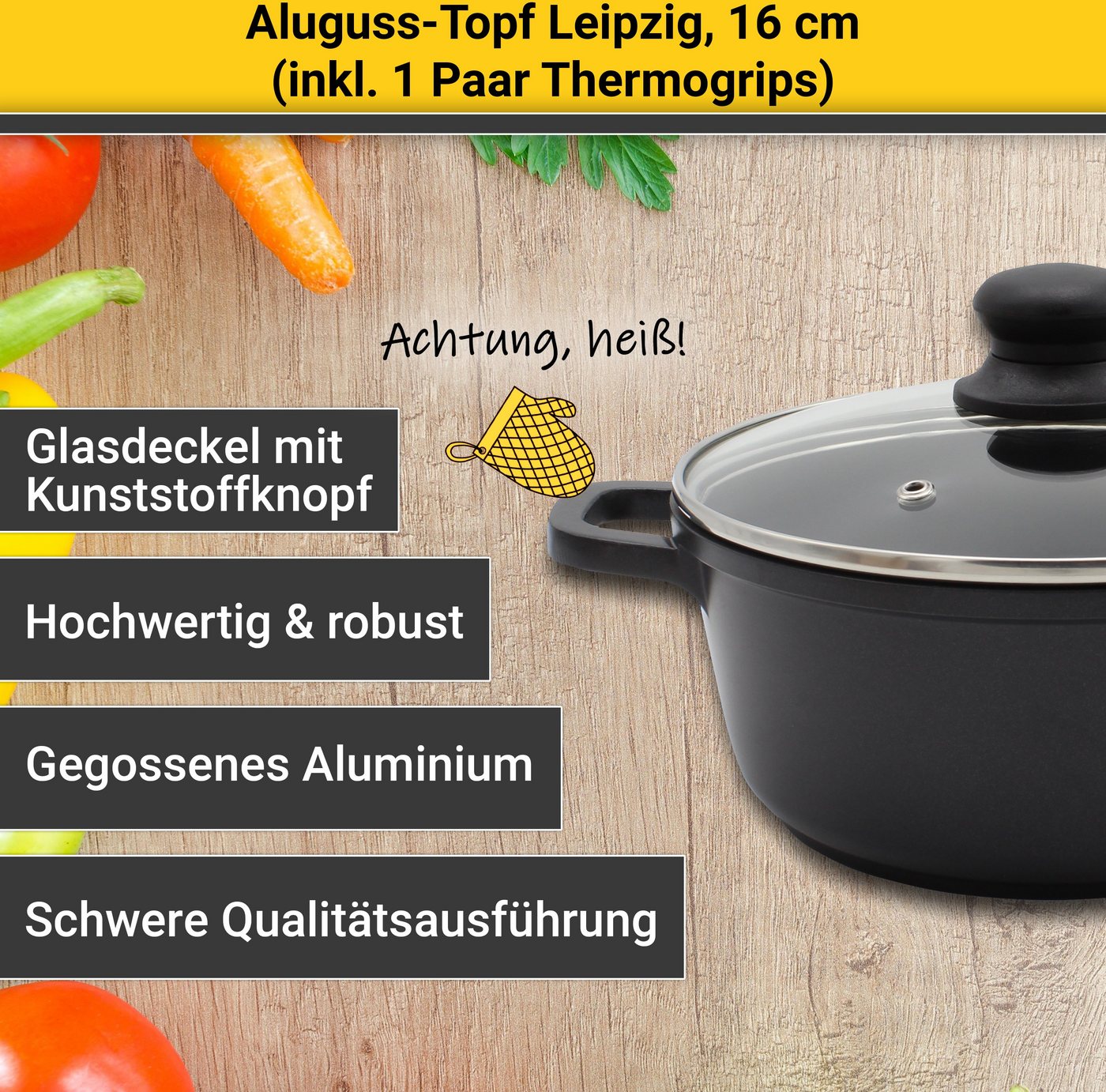 Krüger Fleischtopf Aluguss Fleischtopf mit Glasdeckel inkl. Thermogrips LEIPZIG, Aluminiumguss (1-tlg), hochwertige Antihaft-Versiegelung – Bild 4 von 5