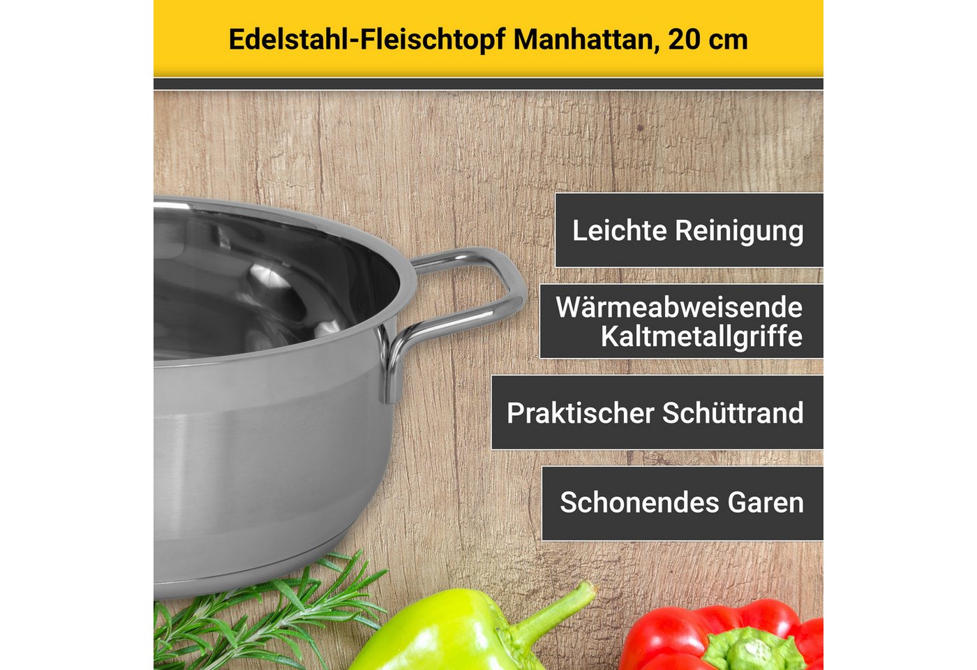 Krüger Fleischtopf Edelstahl-Topf Manhattan, Edelstahl (1-tlg), für Induktions-Kochfelder geeignet – Bild 2 von 5