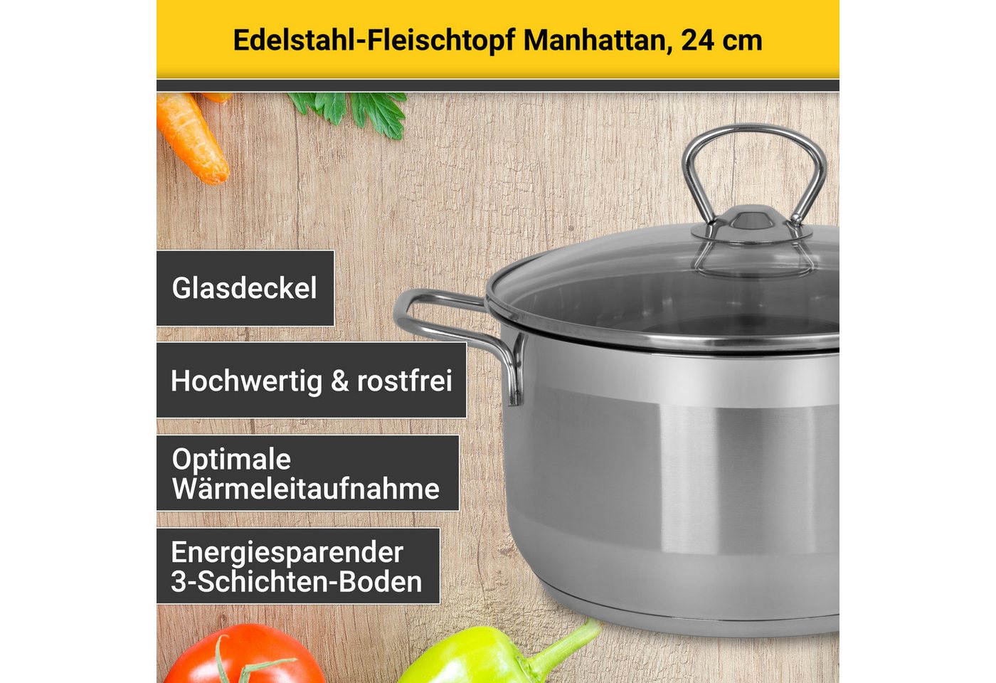 Krüger Fleischtopf Edelstahl-Topf Manhattan, Edelstahl (1-tlg), für Induktions-Kochfelder geeignet – Bild 3 von 5