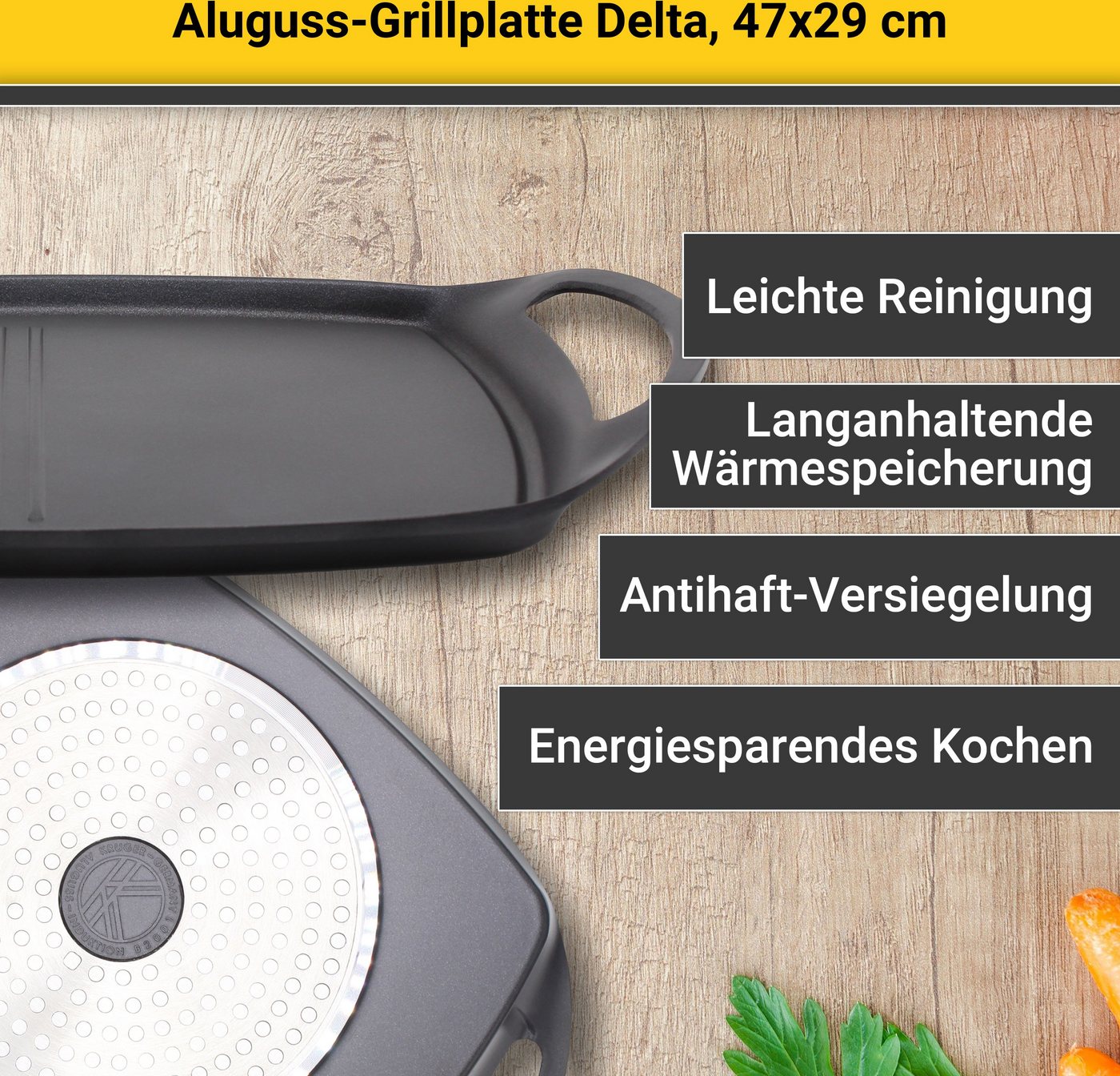 Krüger Grillplatte Delta (1-St), aus Aluminiumguss, für Induktions-Kochfelder geeignet, 47 x 29 cm – Bild 3 von 5