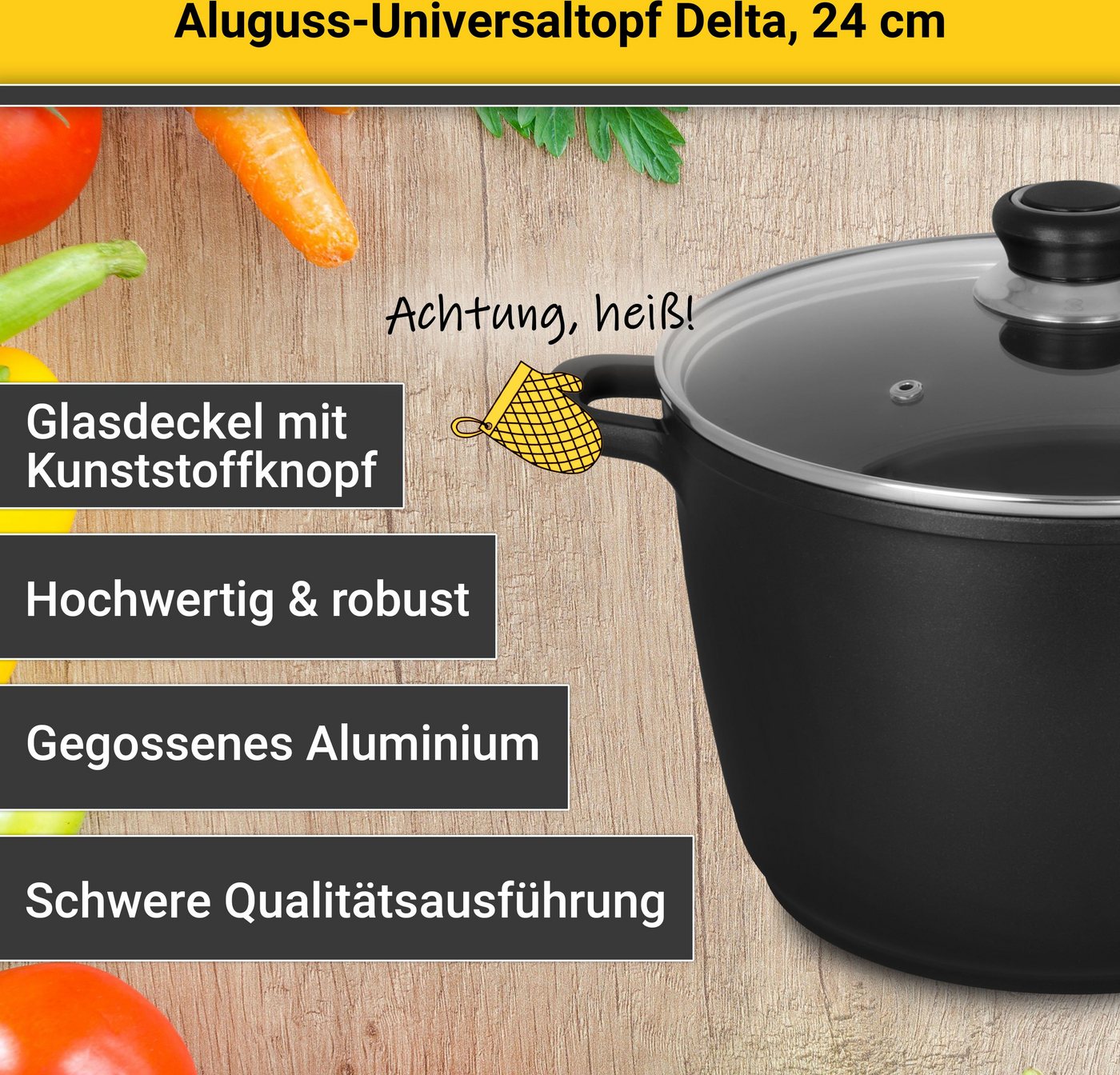 Krüger Kochtopf Aluguss Universaltopf mit Glasdeckel DELTA, 24 cm, Aluminiumguss (1-tlg), für Induktions-Kochfelder geeignet – Bild 3 von 5