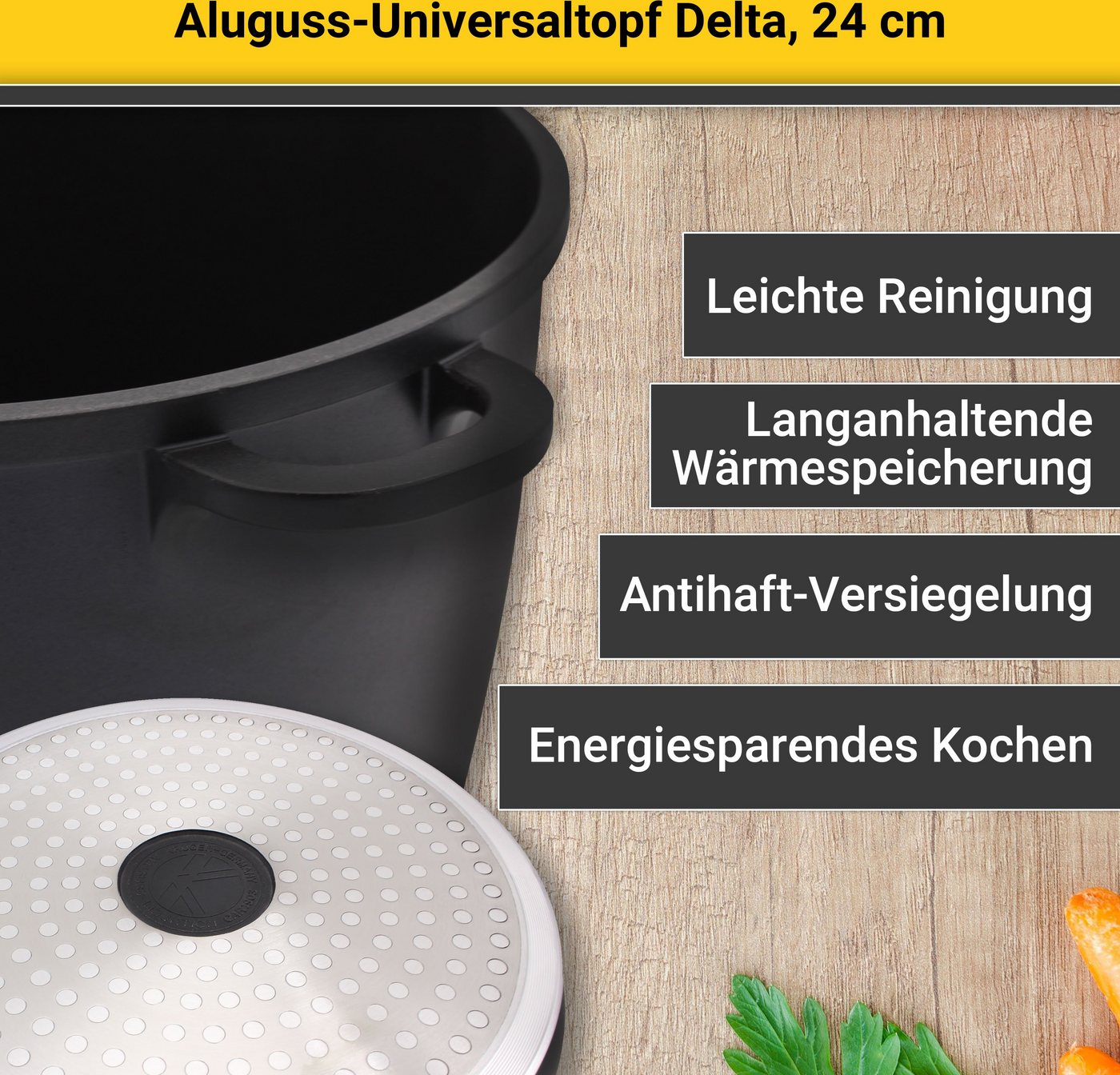 Krüger Kochtopf Aluguss Universaltopf mit Glasdeckel DELTA, 24 cm, Aluminiumguss (1-tlg), für Induktions-Kochfelder geeignet – Bild 4 von 5