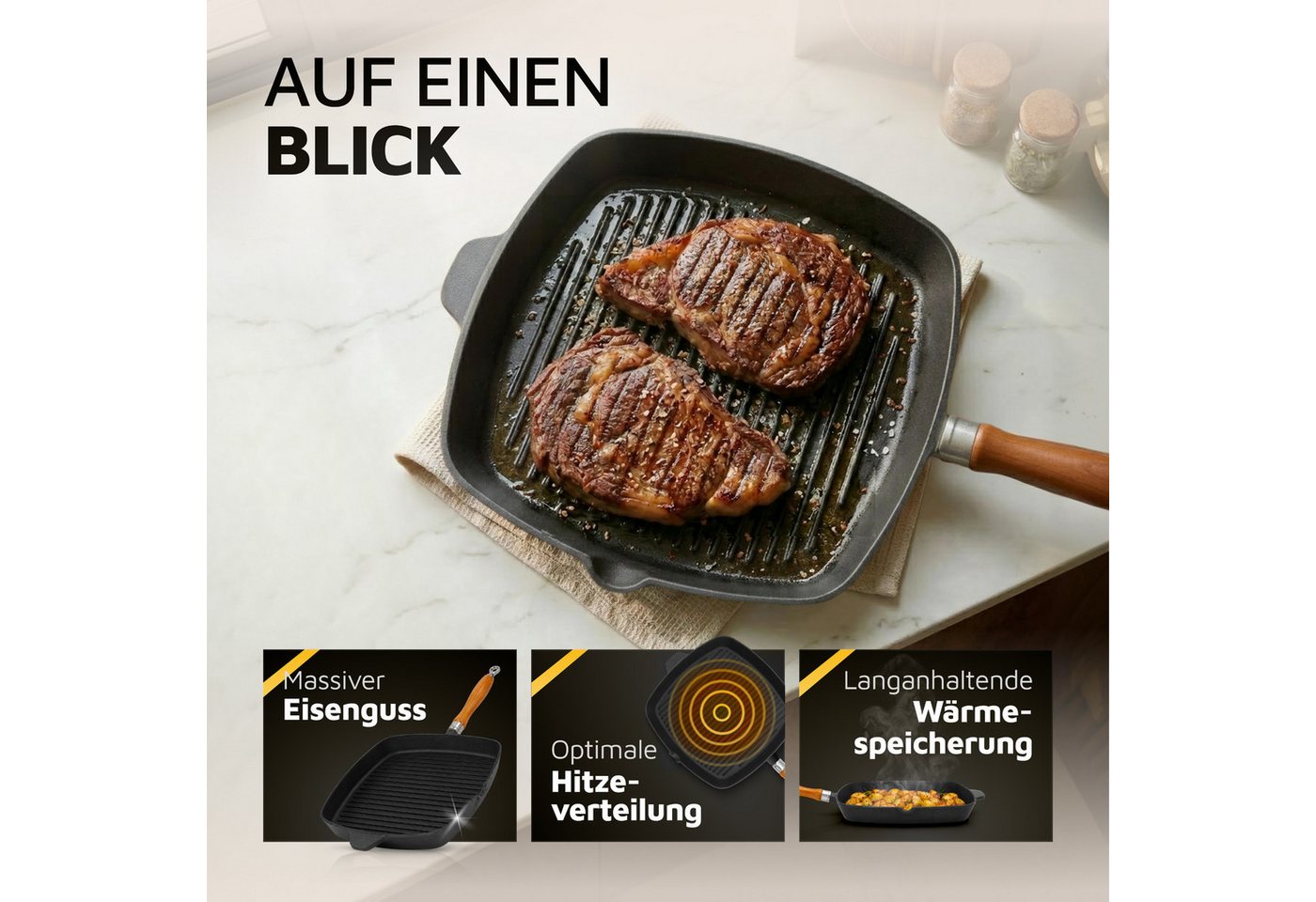 Krüger Steakpfanne Einsenguss Grill-/ Steakpfanne RUSTICA, 28 x 28cm, Gusseisen (1-tlg), für Induktions-Kochfelder geeignet – Bild 3 von 5