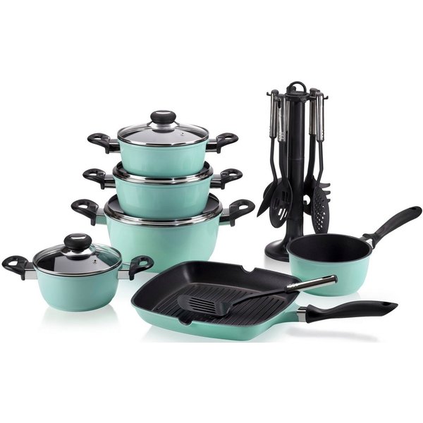 Krüger Topf-Set Aluguss Topf- und Pfannenset inkl. praktischen Küchenhelfern, 17 tlg., Aluminiumguss (Set, 17-tlg., Fleischtopf 16/18/20/24cm, Stieltopf 16cm St