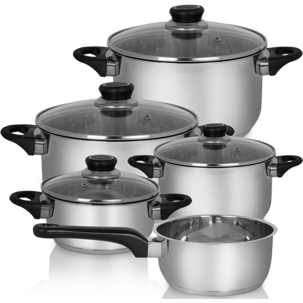 Krüger Topf-Set Apollo, Edelstahl (Set, 9-tlg., 1 Bratentopf Ø 16/20 cm, 1 Fleischtopf Ø 16/20 cm, 1 Stieltopf Ø 16 cm), für Induktions-Kochfelder geeignet