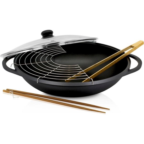 Krüger Wok Aluguss Wok mit Glasdeckel LEIPZIG, 36 cm, Aluminiumguss (1-tlg), hochwertige Antihaft-Versiegelung